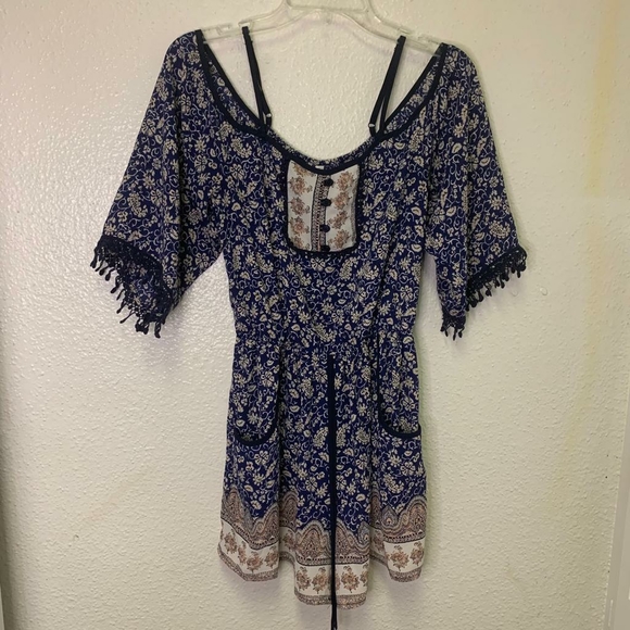 XHILARATION Womens Medium Romper Jumper Shorts Hippie Cold Shoulder Blue - Picture 2 of 12